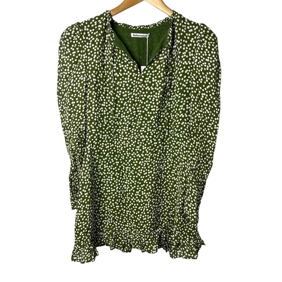 Reformation Marcy Dress Green Polka Dot Print Long Sleeve Size 10 Ruffle Trim - Picture 4 of 11